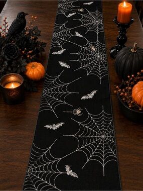 Halloween Spider Web Bats Table Runner 72x14 Black Silver Embroidered Spiders